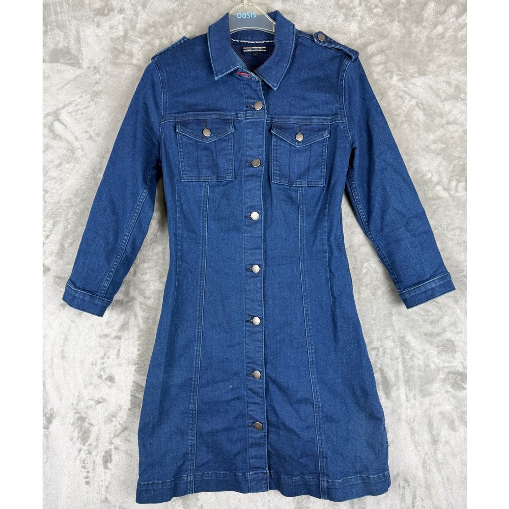 Tommy Hilfiger Womens Denim Shirt Dress Blue Button Front Epaulettes Size 6